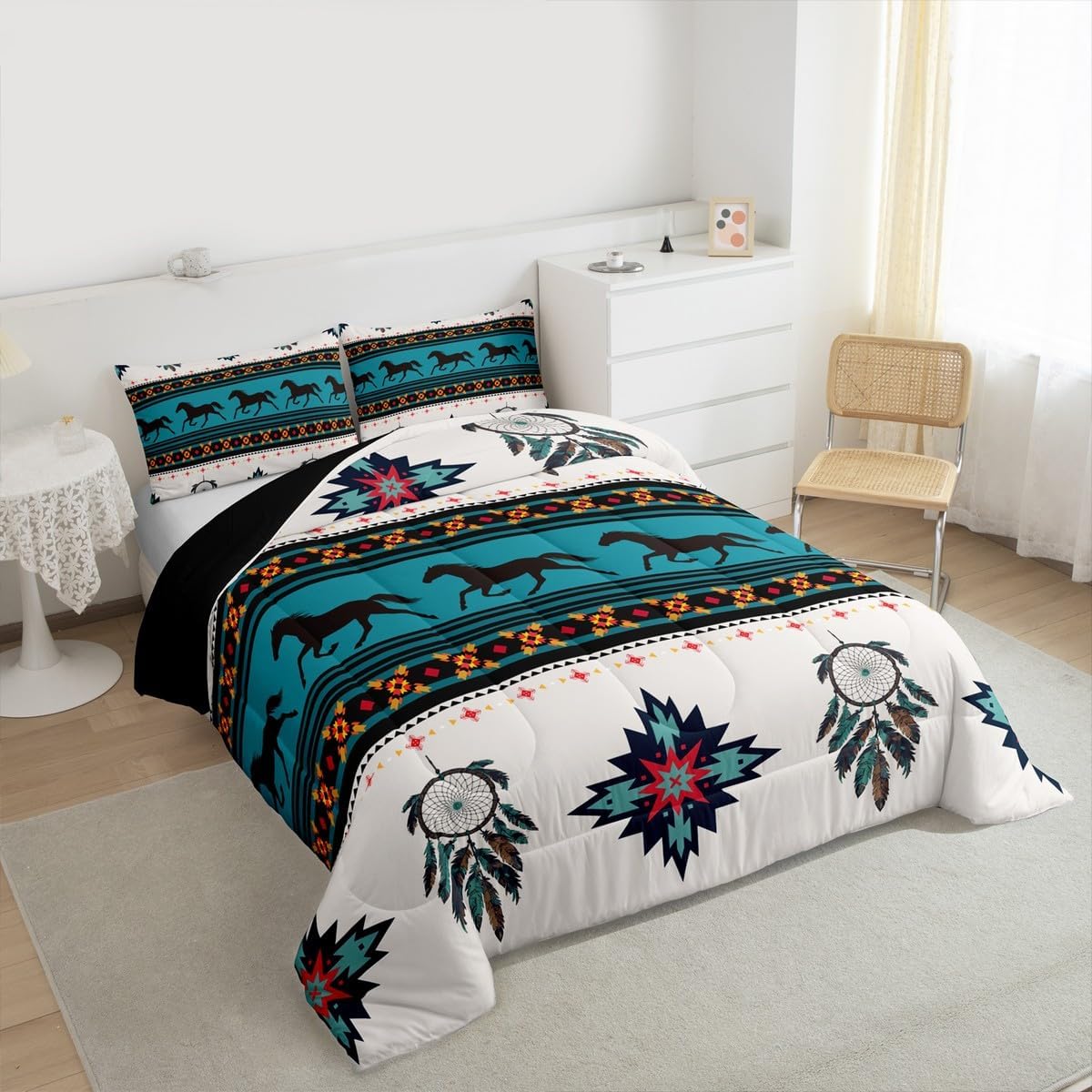 Feelyou Horse Comforter Dreamcatcher Comforter Set Boho Exotic Bedding Set for Boys Girls Teens Decor Bohemian Native Tribal Comforter for All Season Twin Size Boys