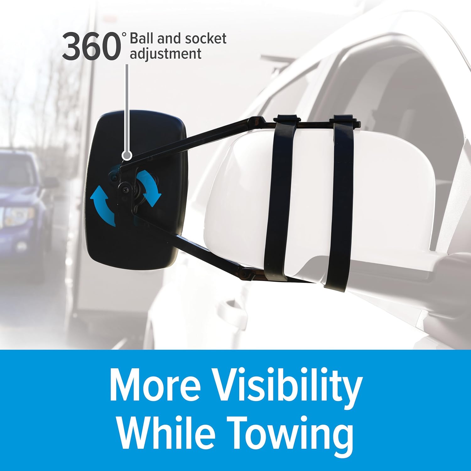 Camco Clamp-On Single View Tow Mirror - Measures 5-in x 7.5-in - Features 1 Independently Adjustable Mirror & an Aerodynamic Design - No Tools Needed for Install - Adjustable Rubber Straps (25650)