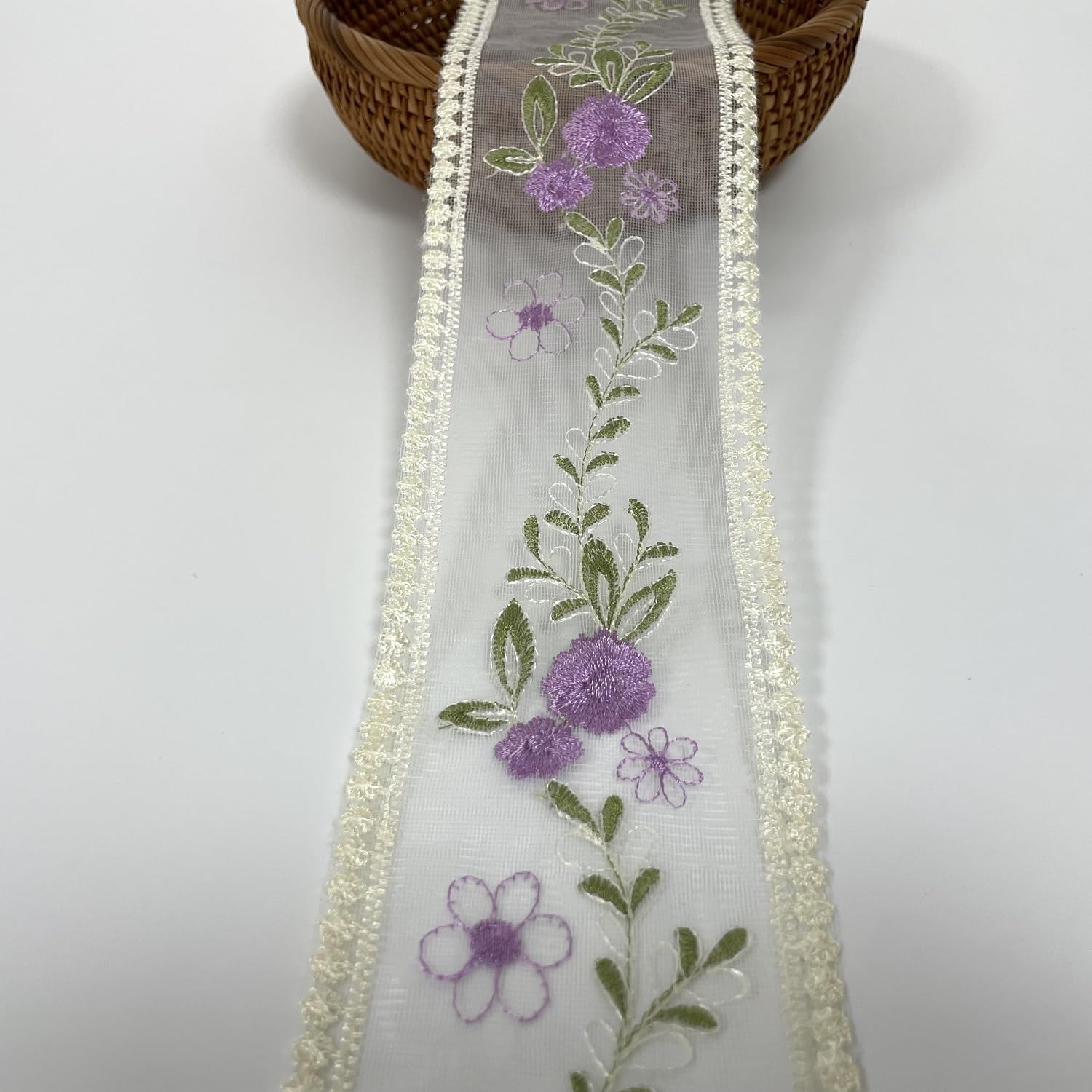 Delicate cotton lace ribbon for embroidery for wedding/bride decoration, DIY crafts, sewing, home decor, 9.1 m (leaves with purple flowers) โ image 1