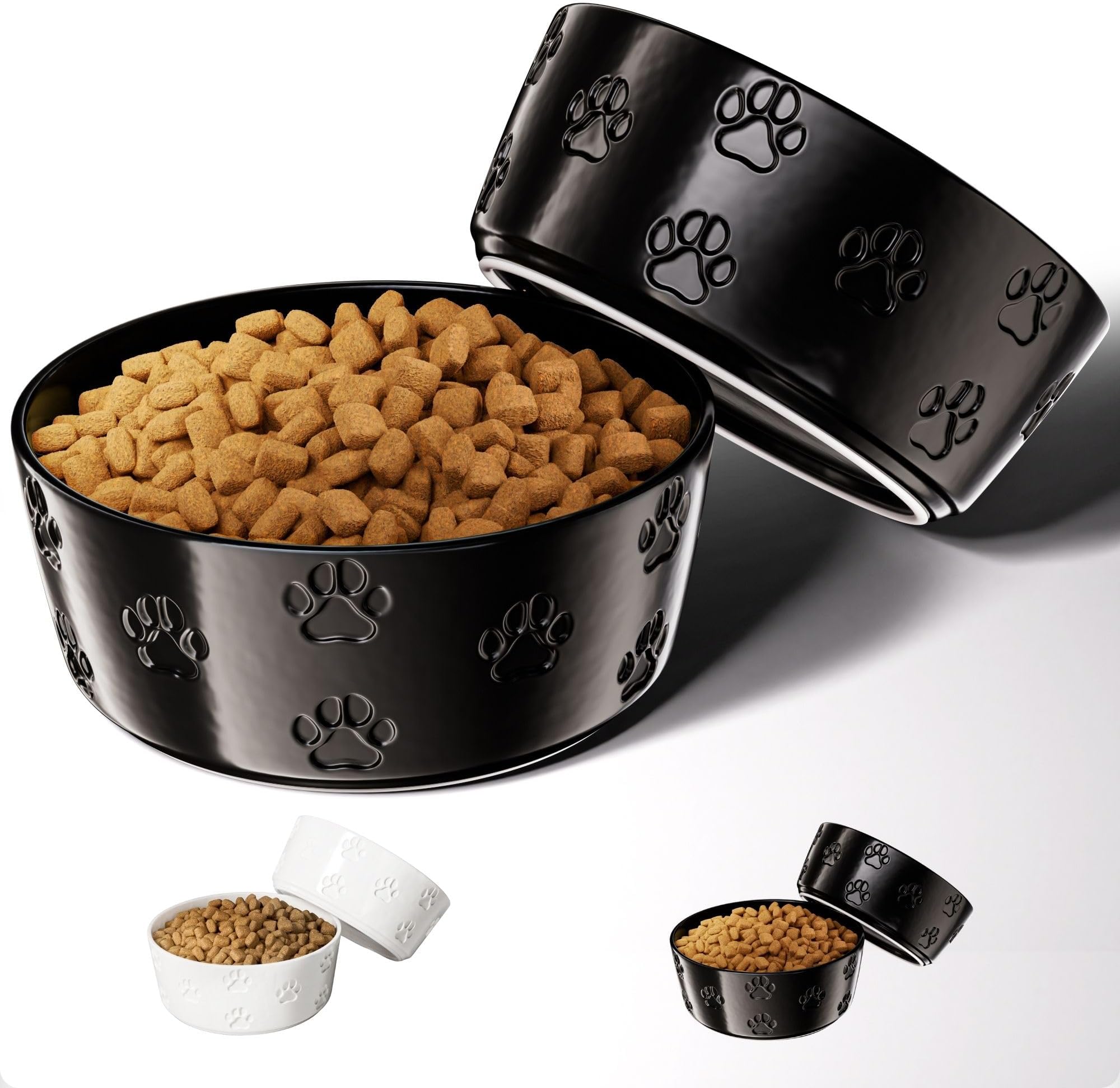Ceramic Dog Bowl Set with Anti-Slip Rings - 7.5" Round x 3" Tall Set of 2 Ceramic Dog Bowls for Large Dogs - Dog Food and Water Bowl - Black Dog Food Bowls - Dog Bowls for Medium Dogs - Cute Dog Bowls