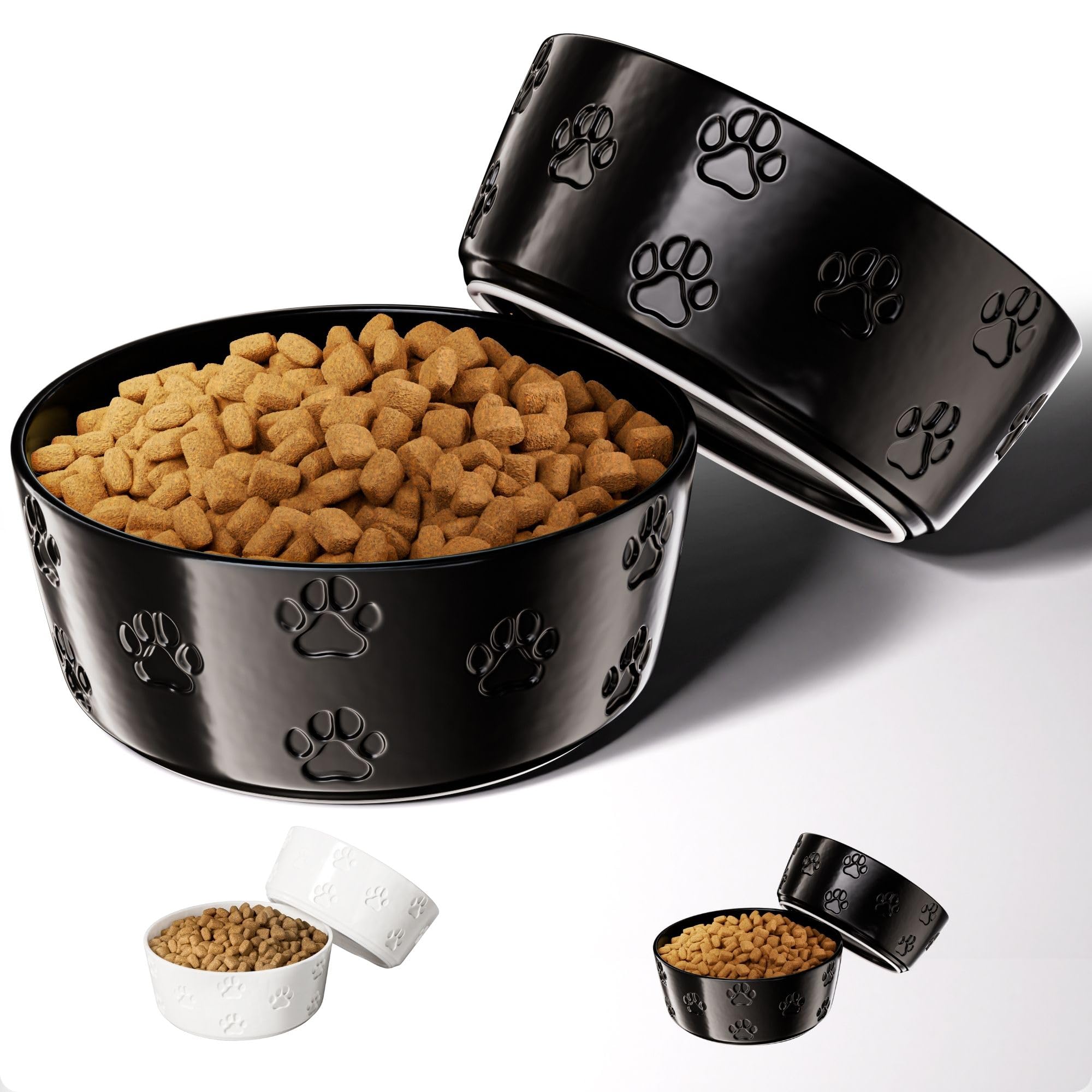 Ceramic Dog Bowl Set with Anti-Slip Rings - 7.5" Round x 3" Tall Set of 2 Ceramic Dog Bowls for Large Dogs - Dog Food and Water Bowl - Black Dog Food Bowls - Dog Bowls for Medium Dogs - Cute Dog Bowls