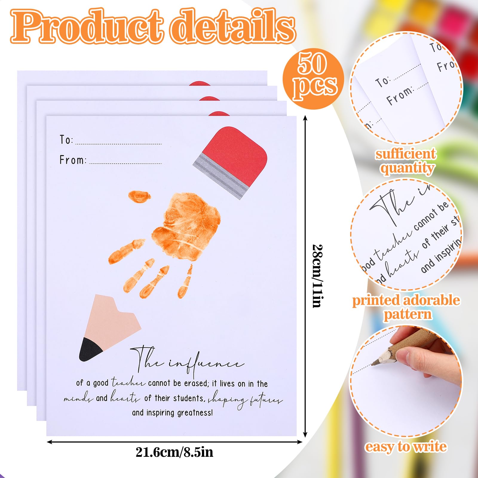 50 piezas de regalo de agradecimiento al profesor, kit de huellas de manos de 8.5 x 11 pulgadas, tarjetas de agradecimiento personalizadas para profesores, recuerdo de fin de año, tarjeta de huellas