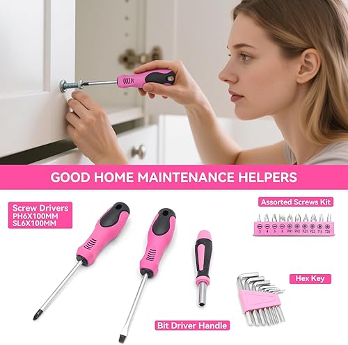 Miniatura 7 de Kit de herramientas rosa de 69 piezas para mujeres, caja de herramientas de mano básica pequeña, juego de herramientas para el hogar, perfecto para