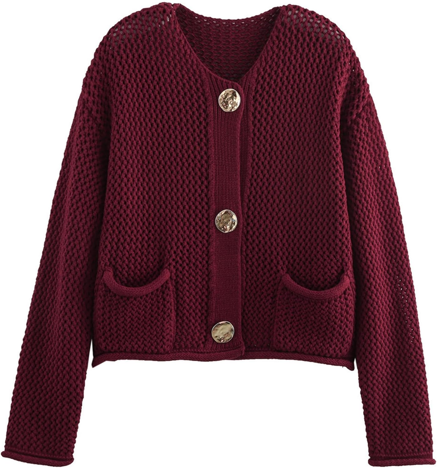 Yimoon Womens Cropped Cardigan Sweaters Gold Button Down Chunky Knit Sweaters Long Sleeve Open Front Fall Crochet Cardigan