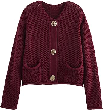 Yimoon Womens Cropped Cardigan Sweaters Gold Button Down Chunky Knit Sweaters Long Sleeve Open Front Fall Crochet Cardigan