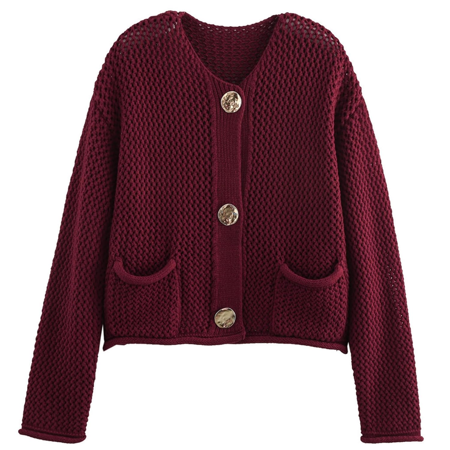 Yimoon Womens Cropped Cardigan Sweaters Gold Button Down Chunky Knit Sweaters Long Sleeve Open Front Fall Crochet Cardigan