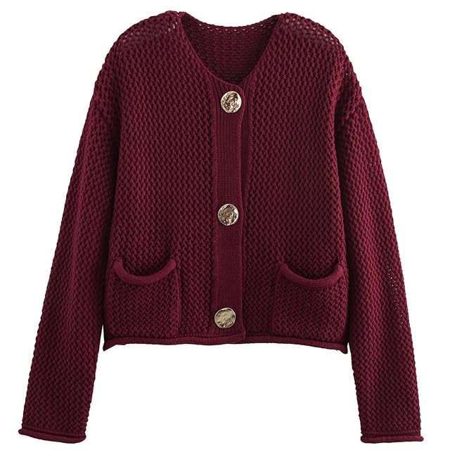 Yimoon Womens Cropped Cardigan Sweaters Gold Button Down Chunky Knit Sweaters Long Sleeve Open Front Fall Crochet Cardigan