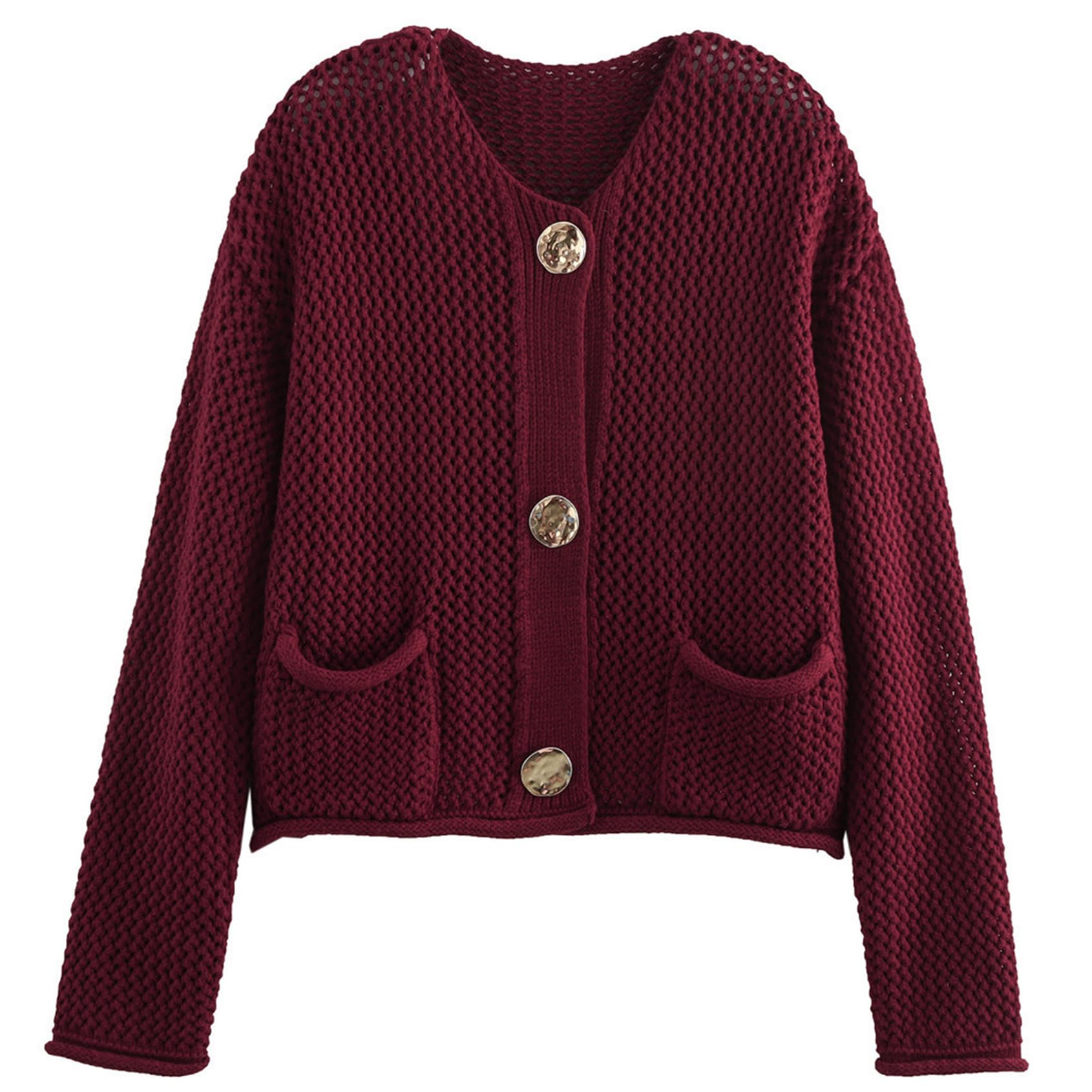 Yimoon Womens Cropped Cardigan Sweaters Gold Button Down Chunky Knit Sweaters Long Sleeve Open Front Fall Crochet Cardigan