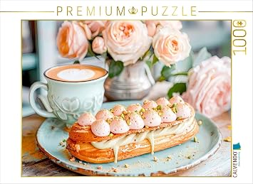 CALVENDO Puzzle Cappuccino mit Eclair und Rosen | 1000 Pieces Size 25" x 19"