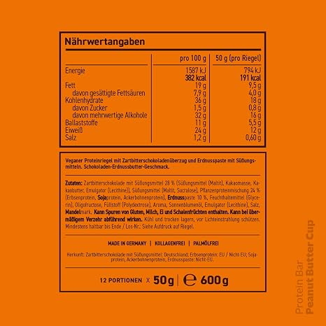 Rocka Nutrition Protein Bar I Vegan Protein Bar with 12g Protein/Bars I reduced sugar I full flavor I 12 x 50g individually packaged No Whey Bars (Peanut Butter Cup)