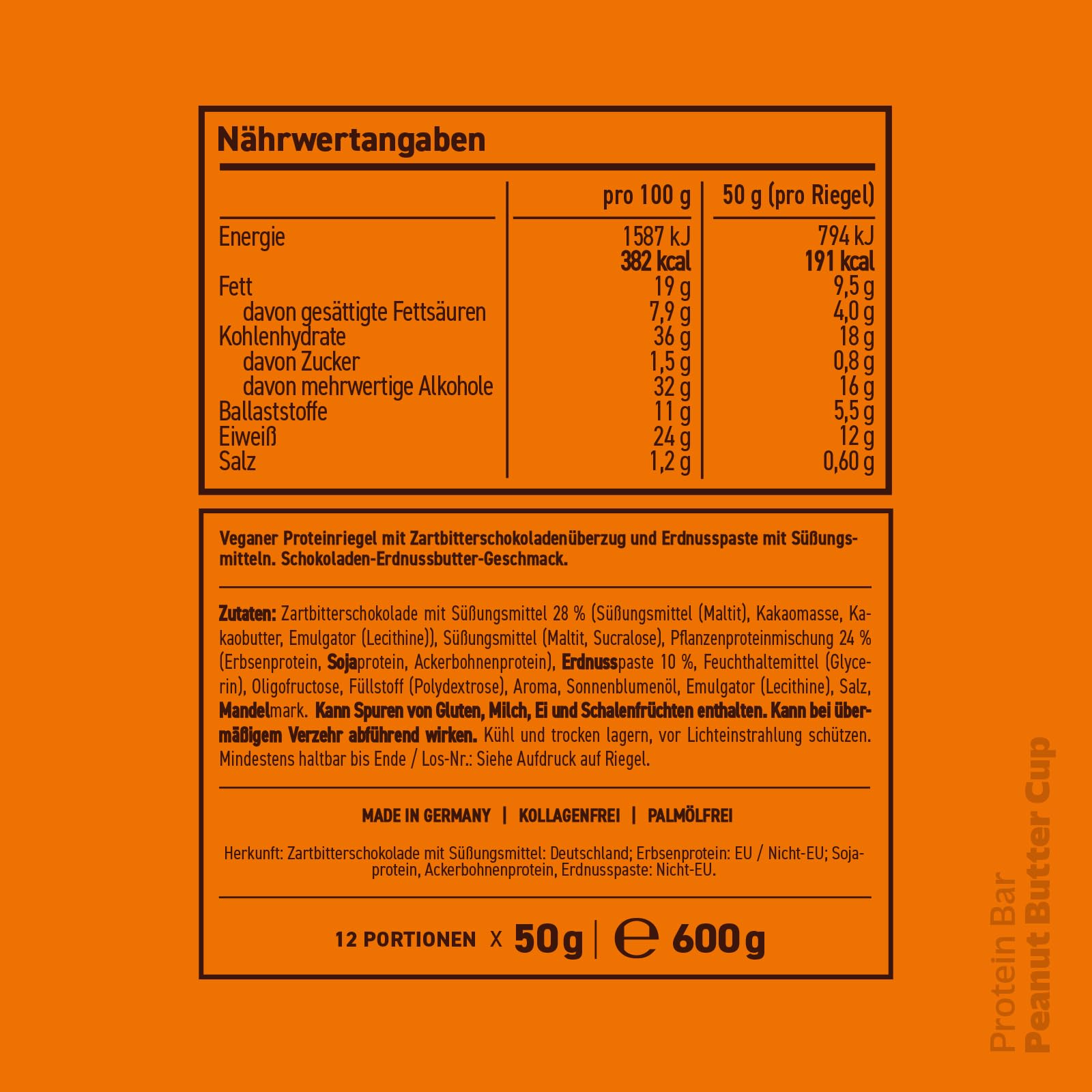Rocka Nutrition Protein Bar I Veganer Proteinriegel mit 12 g Protein/Riegel I zuckerreduziert I voller Geschmack I 12 x 50g einzeln verpackte No Whey Bars (Peanut Butter Cup)