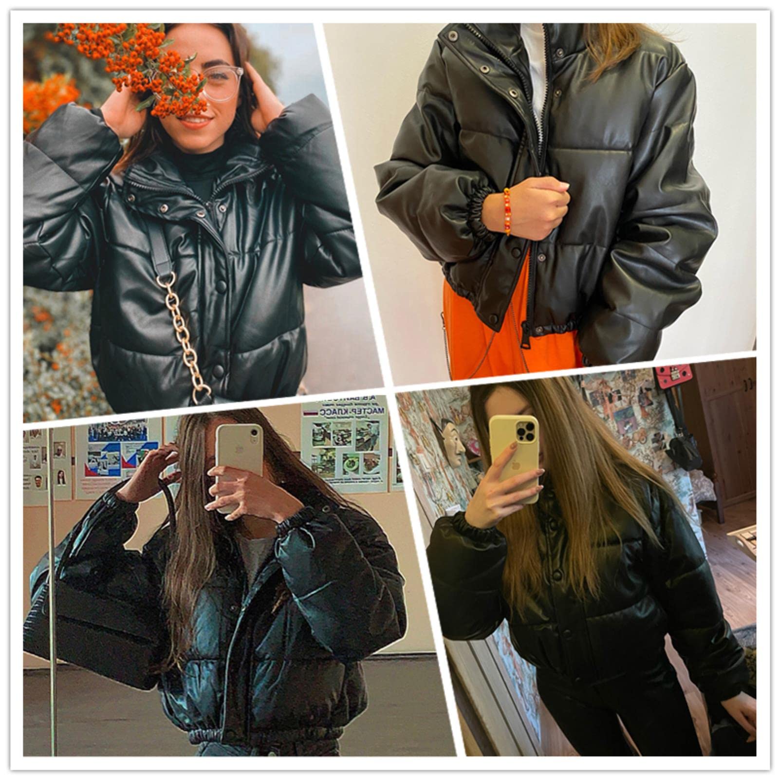 Invierno Grueso cálido Parkas Cortas Mujeres Moda PU Cuero Abrigos Damas Elegantes Cremallera Chaquetas de algodón-Black,XS