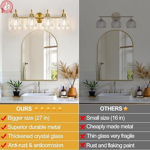 Vista 4 de Lámparas de baño de 4 luces, luces de tocador de 27 pulgadas de oro cepillado para baño con pantalla de tulipán transparente acanalado, accesorios