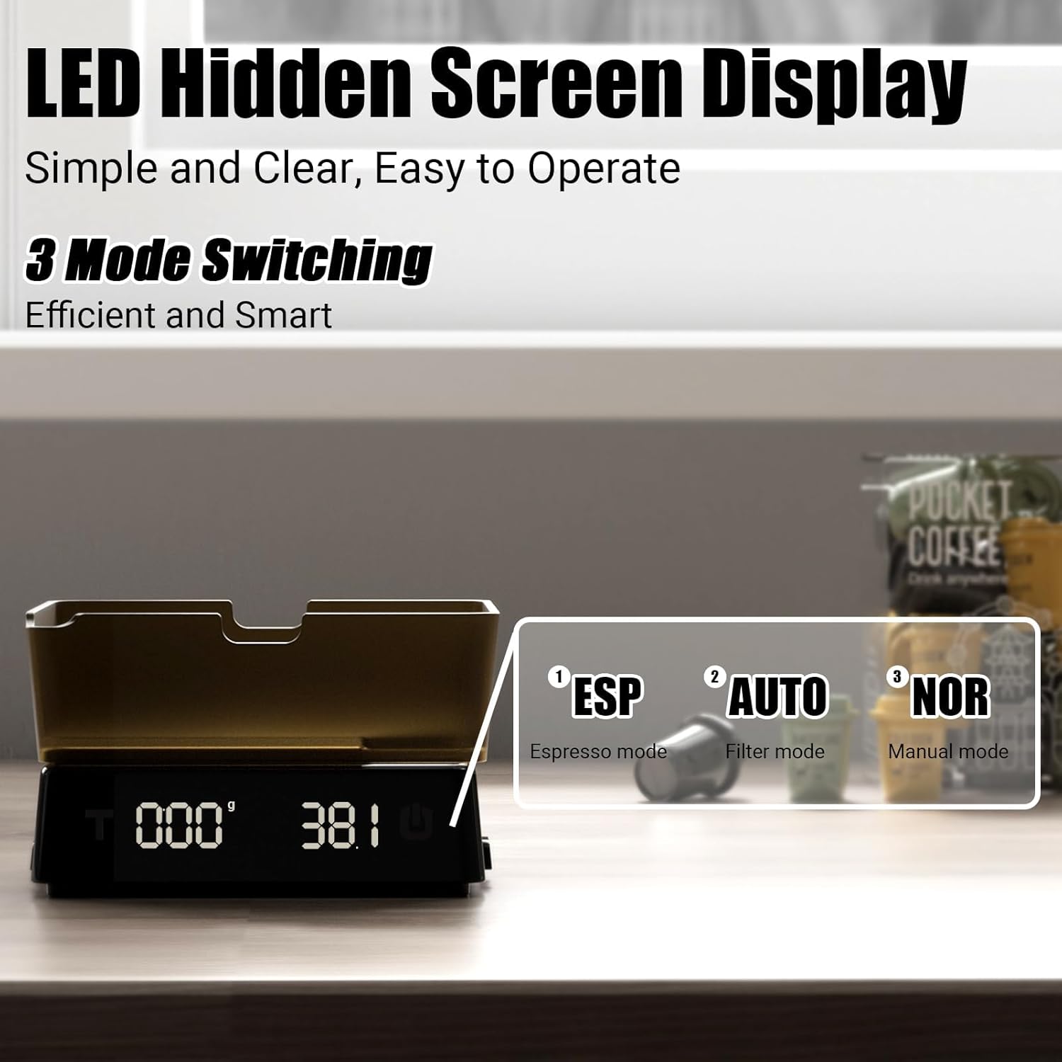 Coffee Scale PRO - 0.1g Precision Digital Espresso Scale with Timer, LED Hidden Screen, Portable Compact for Coffee Beans, Grounds, Baking & Food, Spill-Free Notched Lid for Easy Pouring