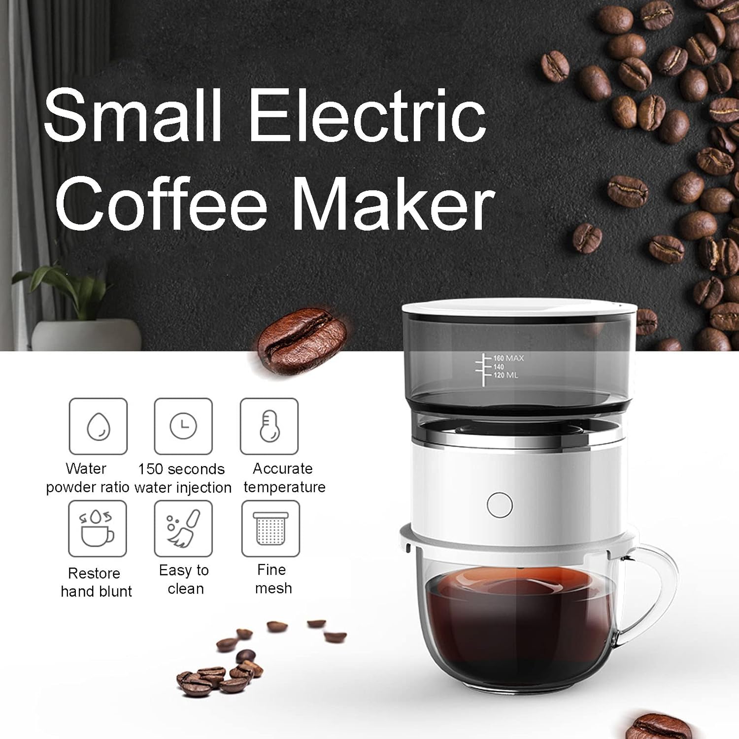 Asixxsix Mini Drip Coffee Maker, ABS Stainless Steel Automatic Hand Brewing, Portable Reusable Pour Over Coffee Maker, Single Serve Coffee Brewer for Travel, Car, Home, Office, 120 Milliliters, White
