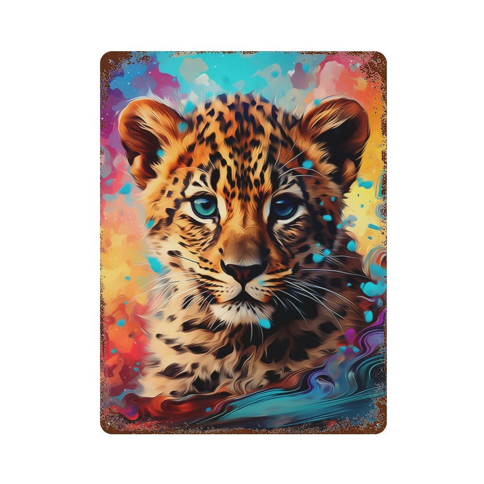 Colorful Leopard Portrait Rusty Metal Tin Sign 15.7"x11.8", Vintage Wall Decor for Garage, Pub Or Kitchen