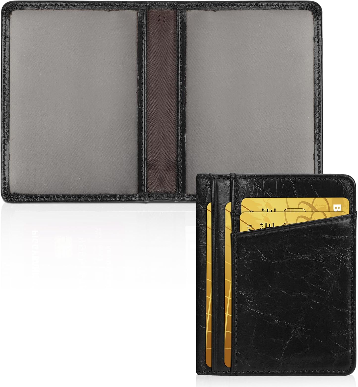 Slim Minimalist Wallet - Premium Leather Card Holder RFID Blocking Card Case with 8 Card Slots and 2 ID Window, Crackle Black