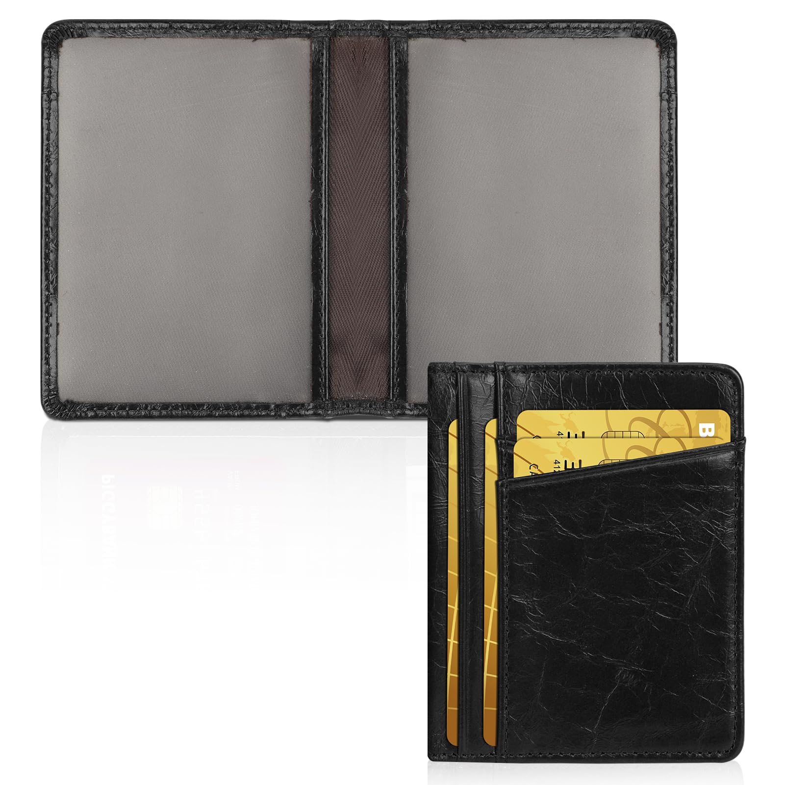 UnaoneSlim Minimalist Wallet - Premium Leather Card Holder RFID Blocking Card Case with 8 Card Slots and 2 ID Window, Crackle BlackCarbonfree Certified