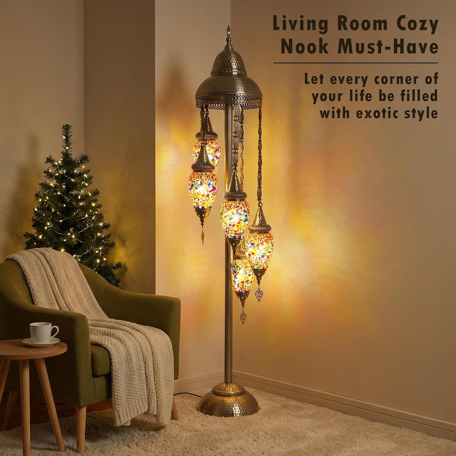 Turkish Floor Lamp, 154CM Moroccan Bohemian Style Living Room Decor, Handcrafted Mosaic Metal Base, Includes 5 Olive Shape Lampshades (XGL Floor-02)