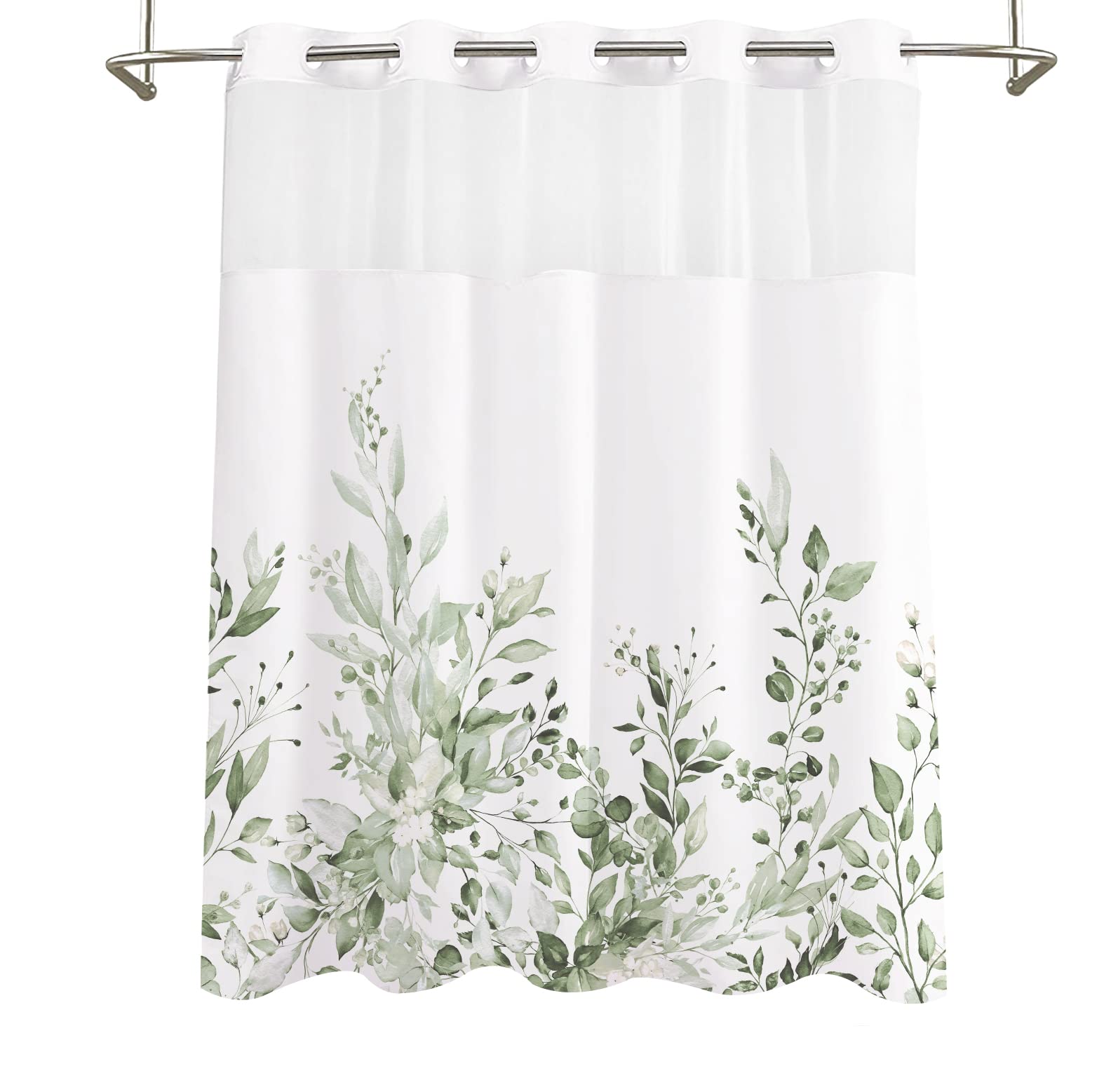 Tititex Duschvorhang-Set ohne Haken, zum Einrasten, Limegreen, Hellgrün, Eukalyptusblätter, Hotel-Luxus, doppellagig, wasserdichter Stoff und durchsichtiges Fenster, Badezimmer, dekorativ, 180 x 180