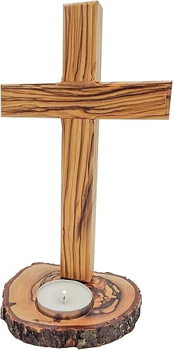 Miniatura 9 de Mesa de madera de olivo con cruz (8 pulgadas), cruz lisa de madera con base de portavelas
