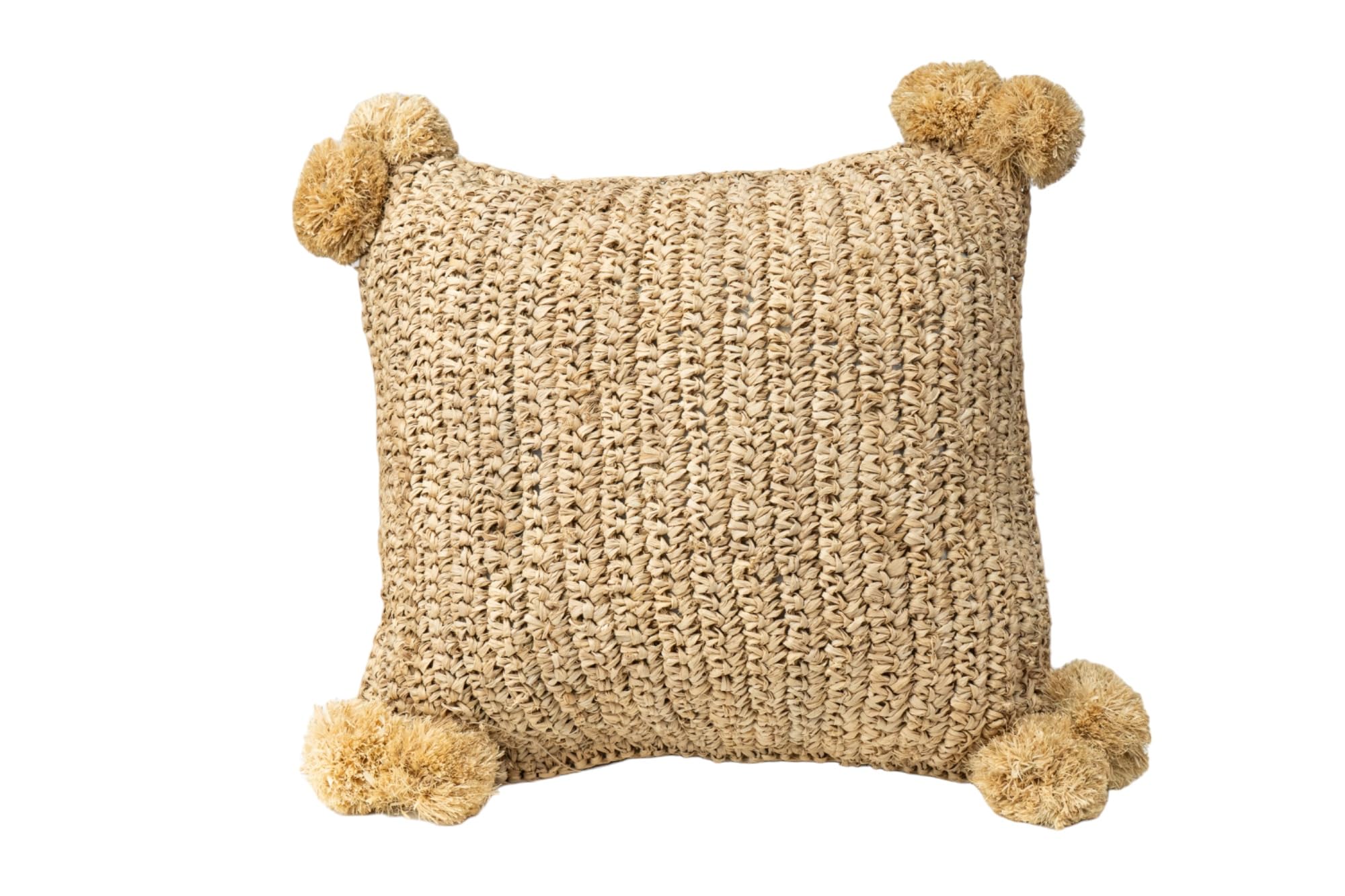 Coussin fibres naturelles bohème avec pompons pour salon chaleureux et cosy