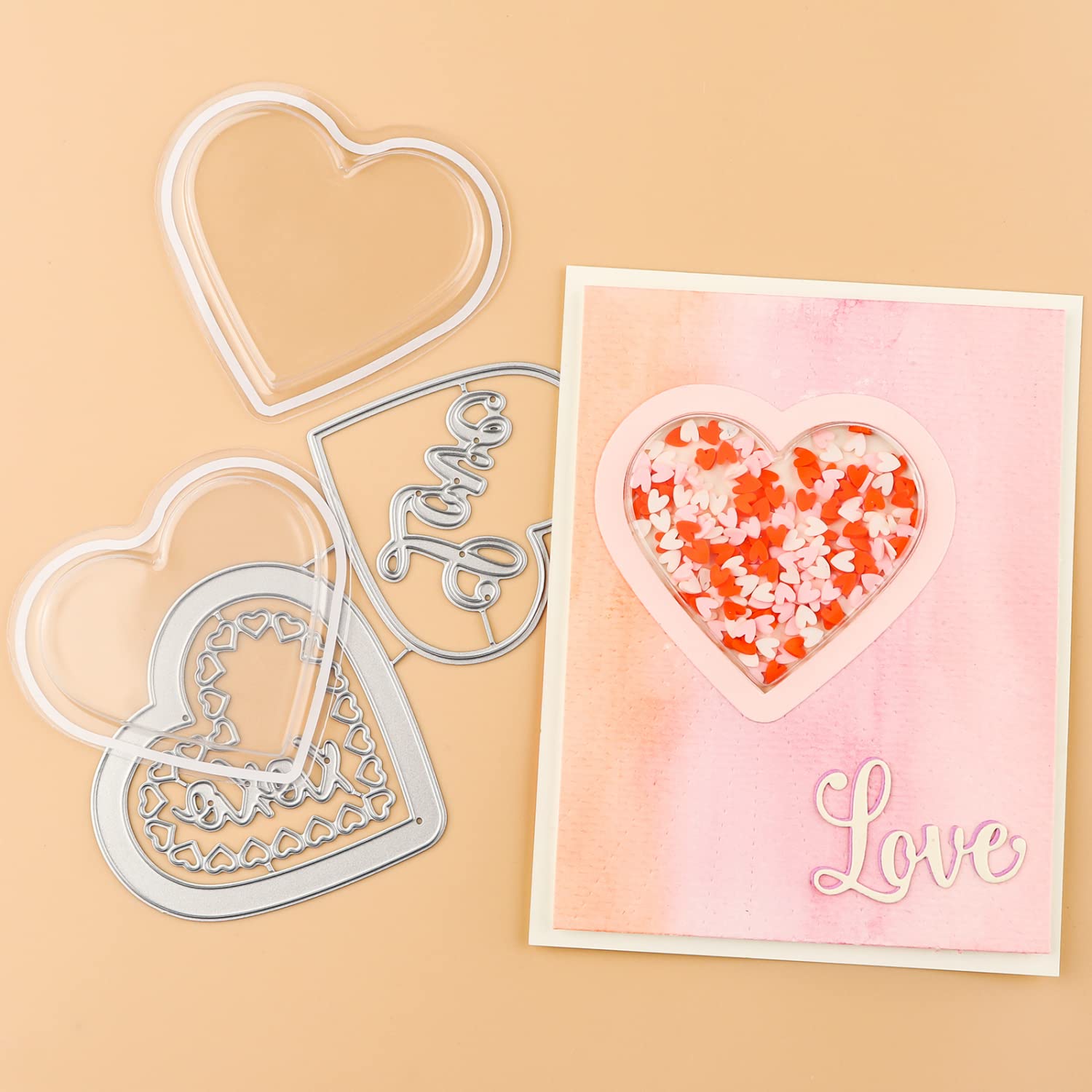 OTCRAFT15 PCS/Set 10 Pcs Heart-Shaped Dimensional Shaker Domes with 5Pcs/Set Metal Dies for Card Making Peel-Away Adhesive Love Clear Plastic Dimensional Domes for Shaker Card Making Handmade Crafts