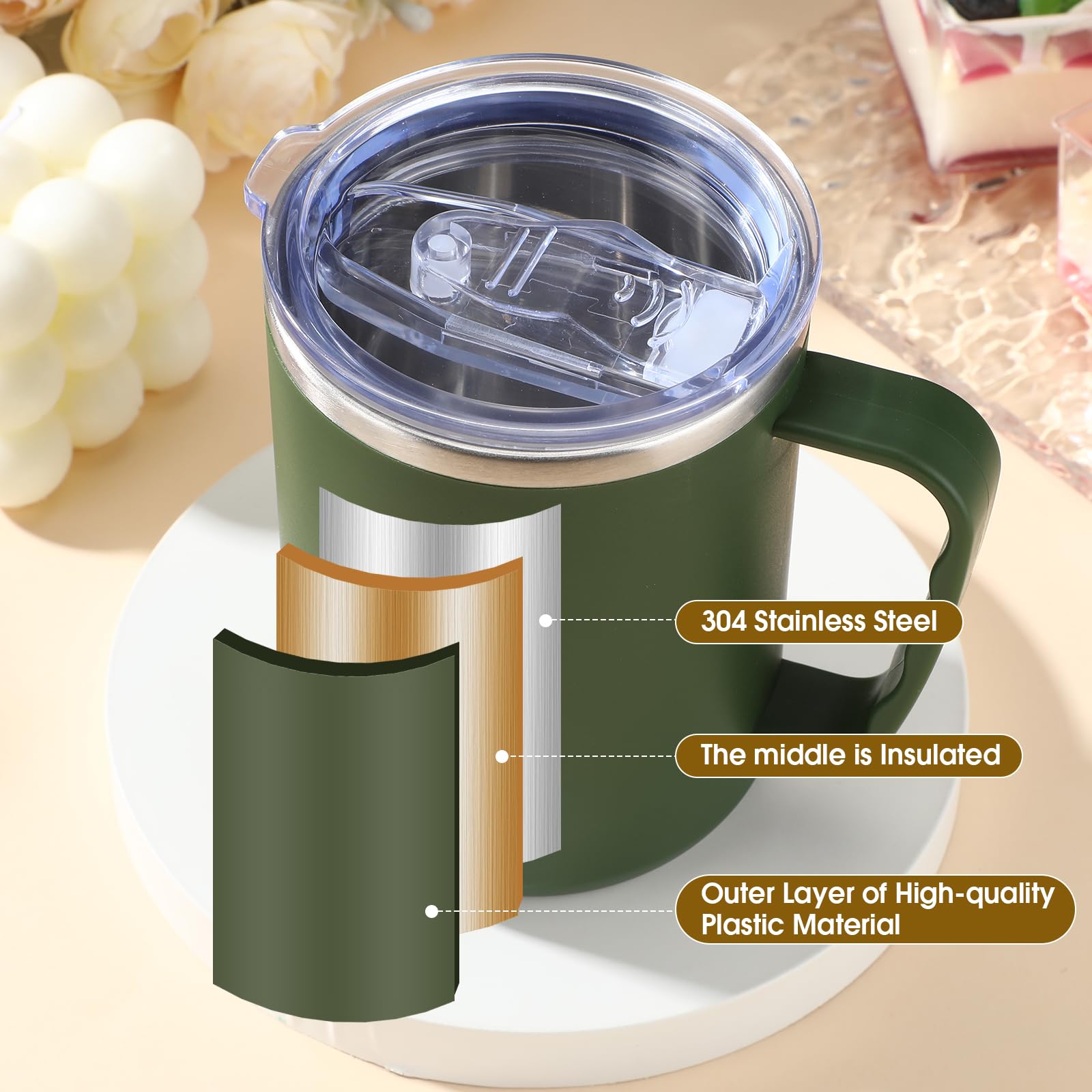 Roshtia 10 tazas de café de viaje reutilizables al vacío con tapa y asa, taza de café aislada de 17 onzas, taza aislada de doble pared de acero inoxidable para hombres, mujeres, hogar, oficina,