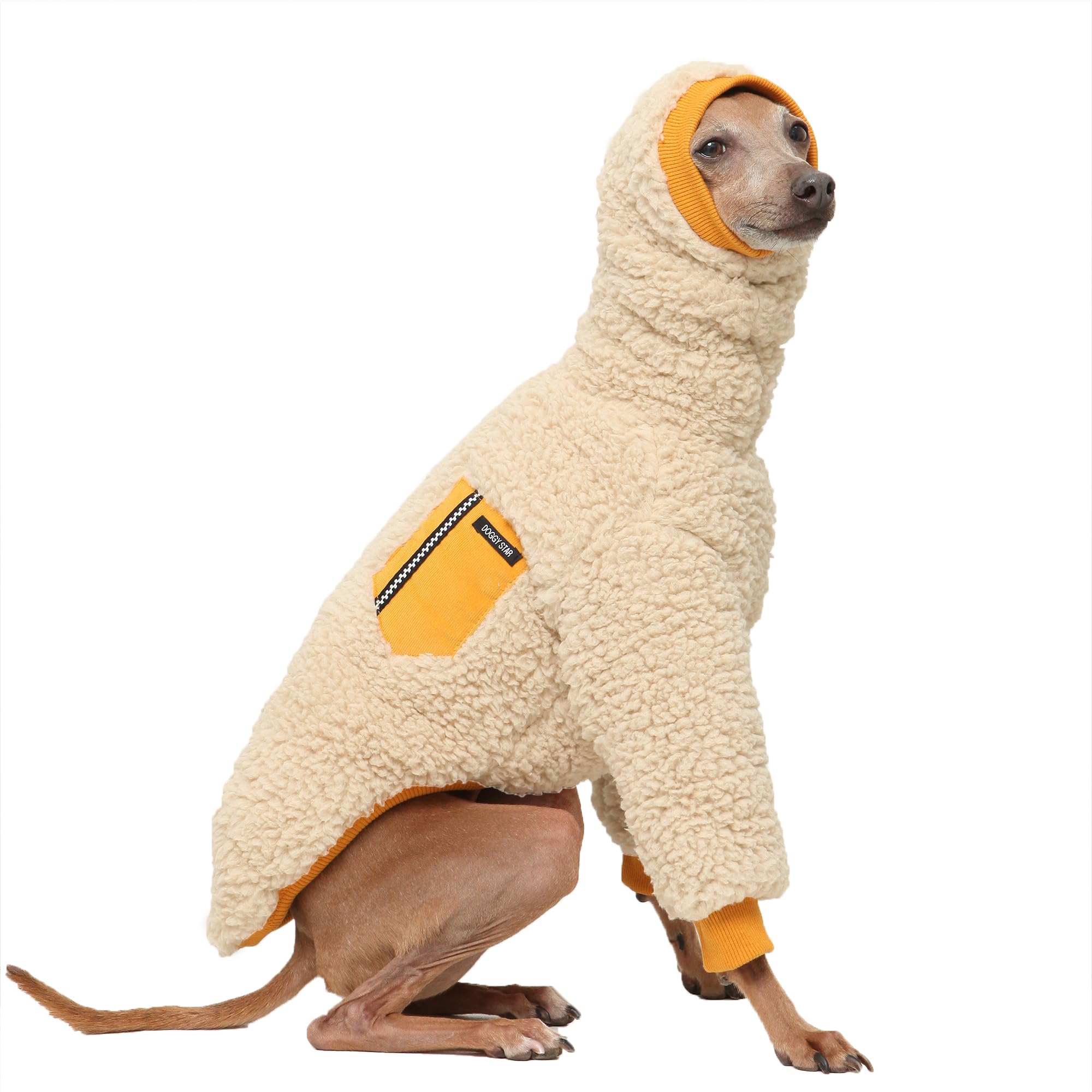 D Doggy Star Italian Greyhound Clothes Sherpa Fleece Snood Winter T Shirt Ear Cover Warm Outfit for Dogs (M,Mustard Pocket T) โ image 1