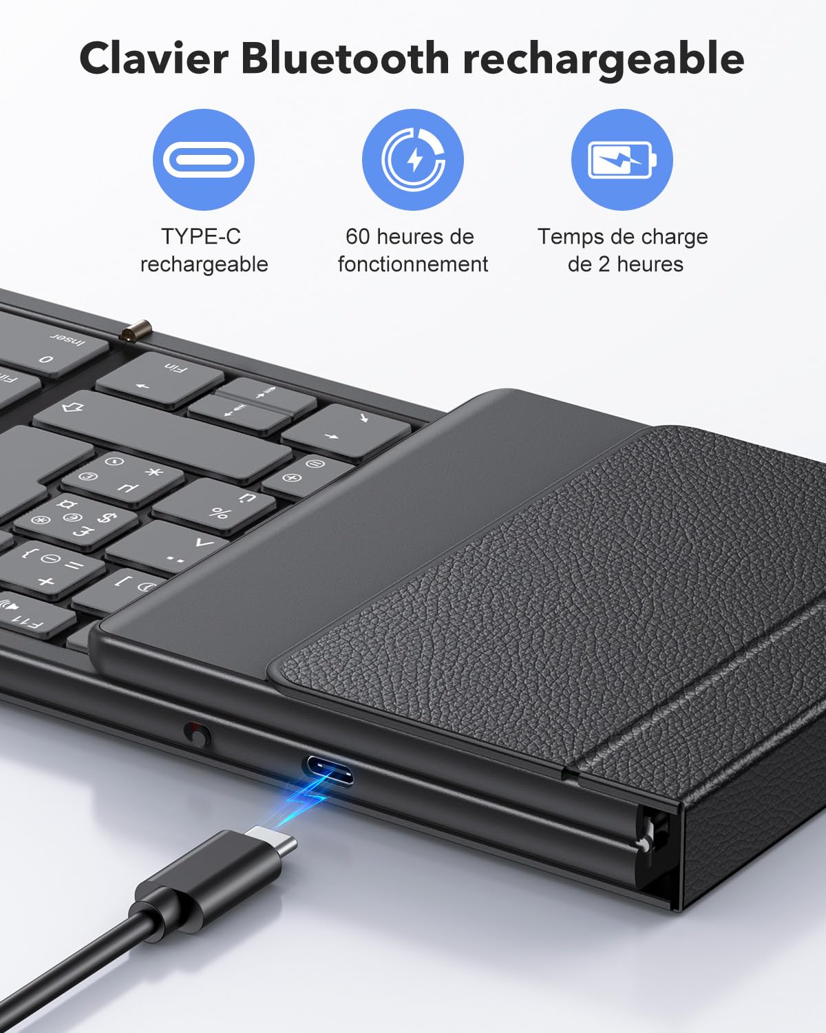 OMOTON Clavier Bluetooth Pliable AZERTY avec Pavé Numérique Rechargeable