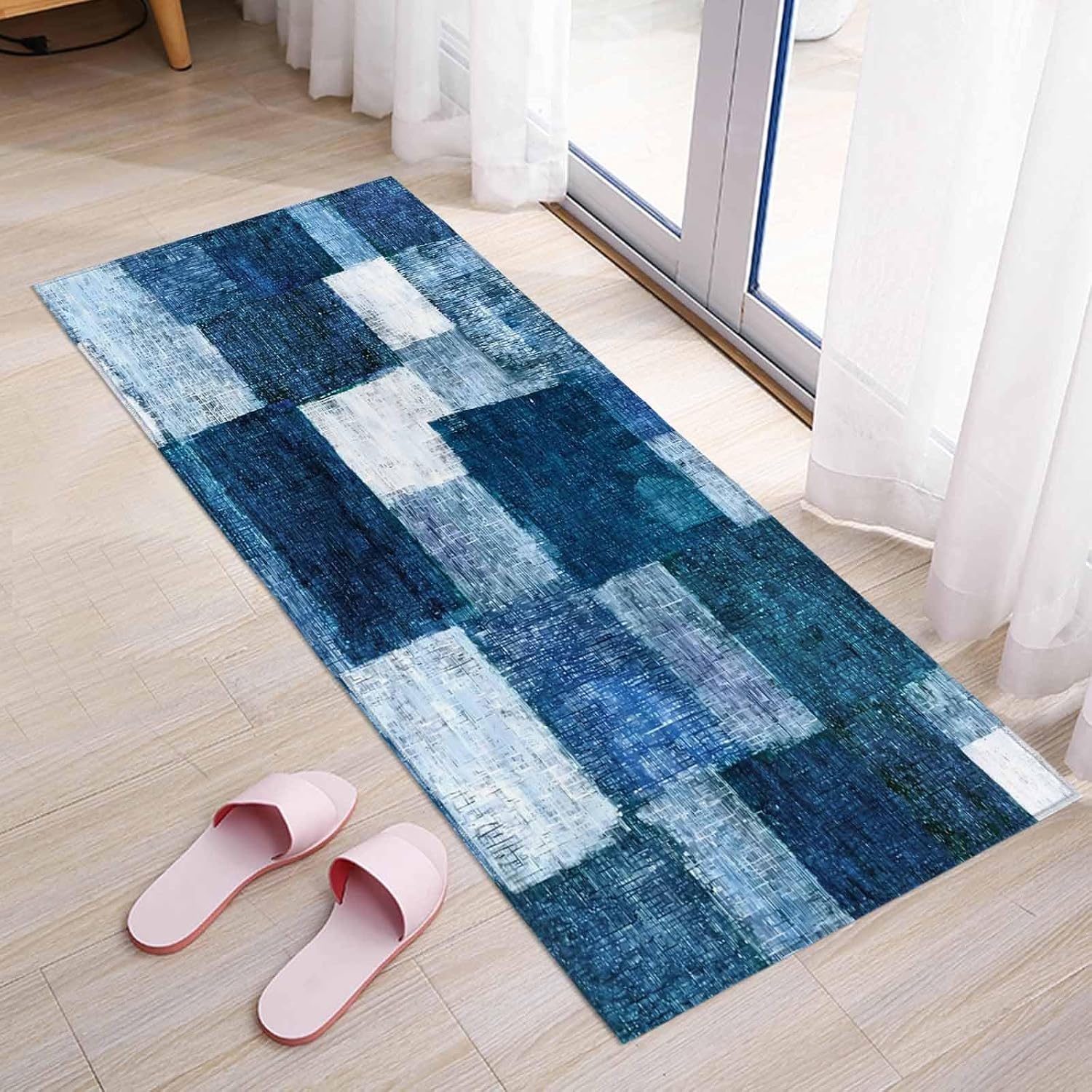 Teamery Kitchen Mats for Floor Navy Blue White Ombre Washable Non Slip Kitchen Rugs 1PCS, Abstract Color Block Absorbent Standing Mats for Sink Bathroom Office Living Room 15.7x47.2in
