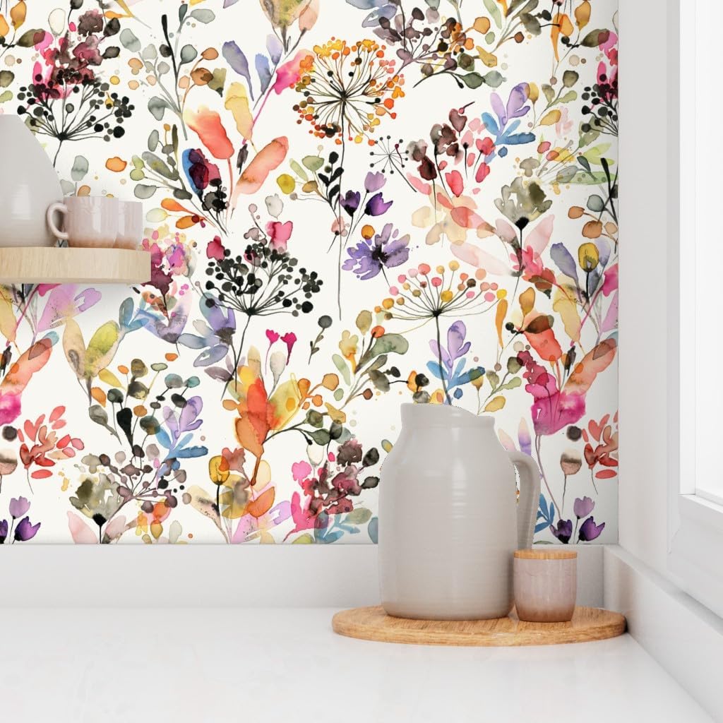 Removable Wallpaper Swatch - Wild Nature Plants Watercolor Botanical Custom Pre-Pasted Wallpaper by Spoonflower