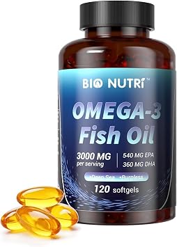 BIO NUTRI Fish Oil Omega 3, 3000mg Fish Oil with EPA DHA. 120 Softgels | Omega 3 Support with 1020mg omega-3 fatty acids, including 540mg EPA and 360mg DHA