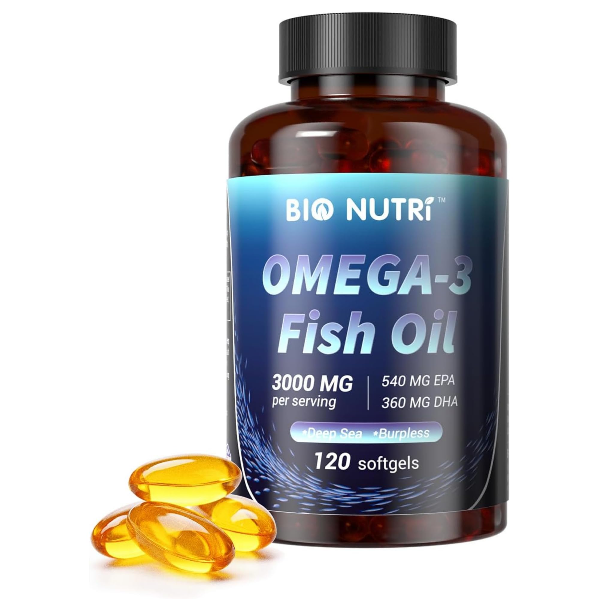 BIO NUTRI Fish Oil Omega 3, 3000mg Fish Oil with EPA DHA. 120 Softgels