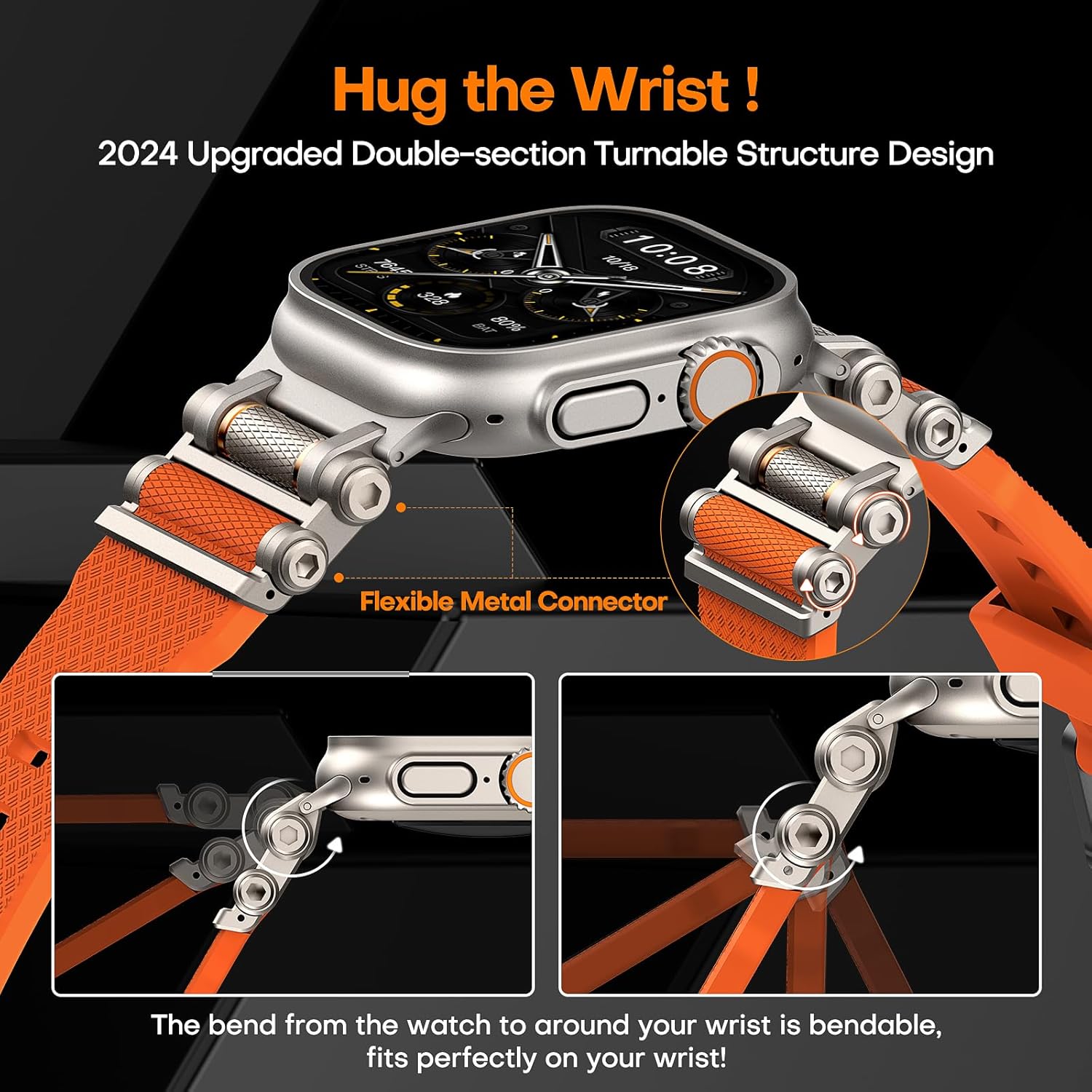 TAURI Silicone for Apple Watch Bands Ultra 3/2/1 49mm [Liquid Silicone Strap + Stainless Steel Metal Connector] Sport Band for iWatch 49mm Adjustable Band Men Women, Orange - Image 4