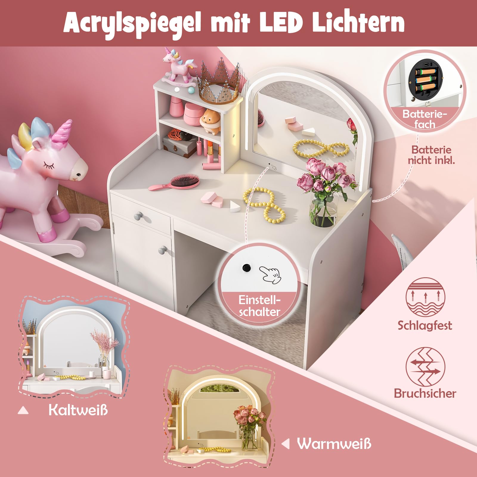 DREAMADE 2 in 1 Schminktisch Kinder mit Hocker und LED-Spiegel, Prinzessin Frisiertisch mit Schublade & Regal & Schrank, Make-up Kosmetiktisch, Kinderschminktisch aus Holz für Kinder (Weiß)