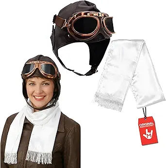 Deluxe Vinyl Retro Pilot Aviator Helmet Kit Flying Hat Goggles and Scarf Costume Set, One Size