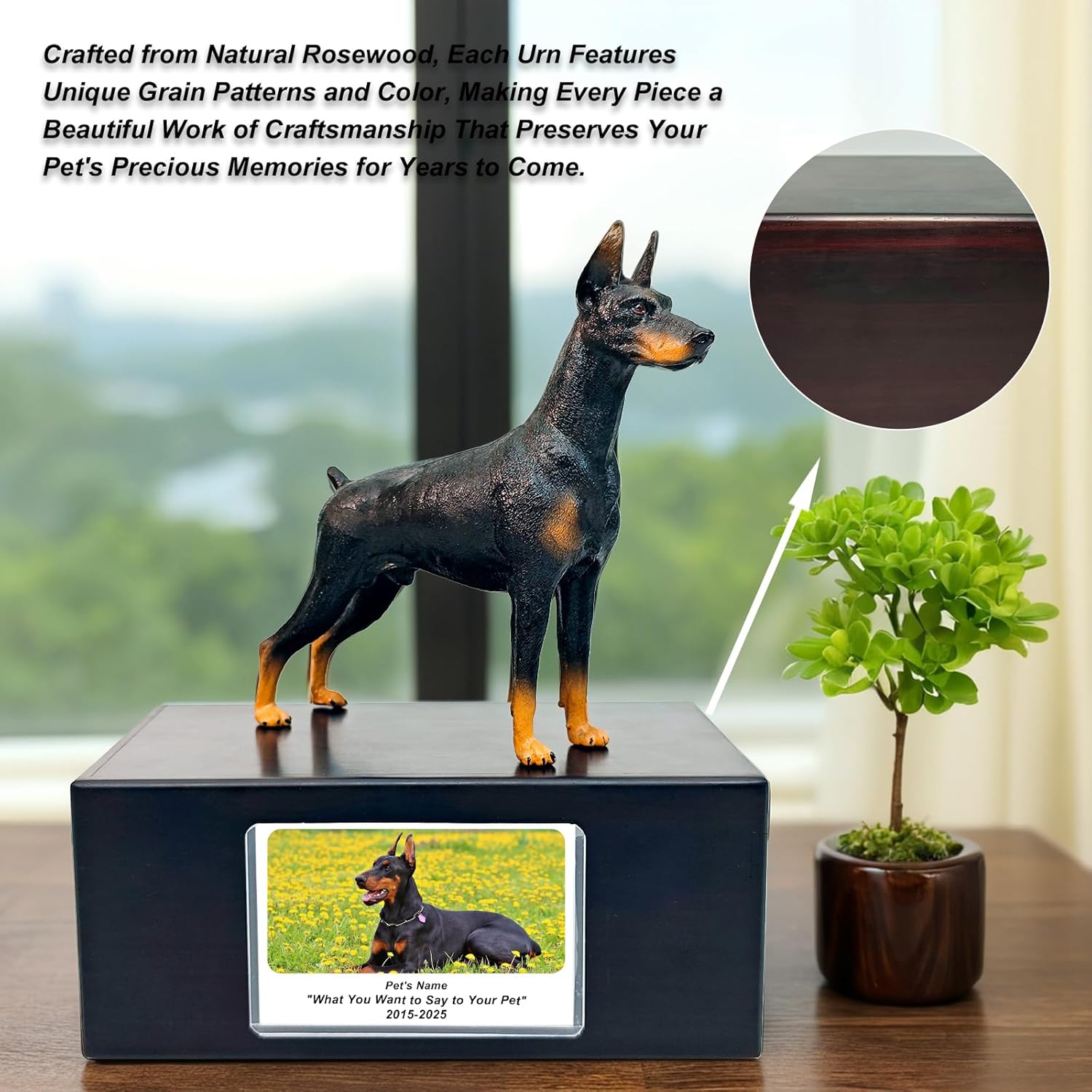 Pet Dog Urns for Ashes Memorial Gifts for Loss Lovers Shadow Box Sympathy Keepsake Small Big Cremation Casket Funerary Frame Pictures Solid Rosewood Material Doberman Pinscher Figurine Urn