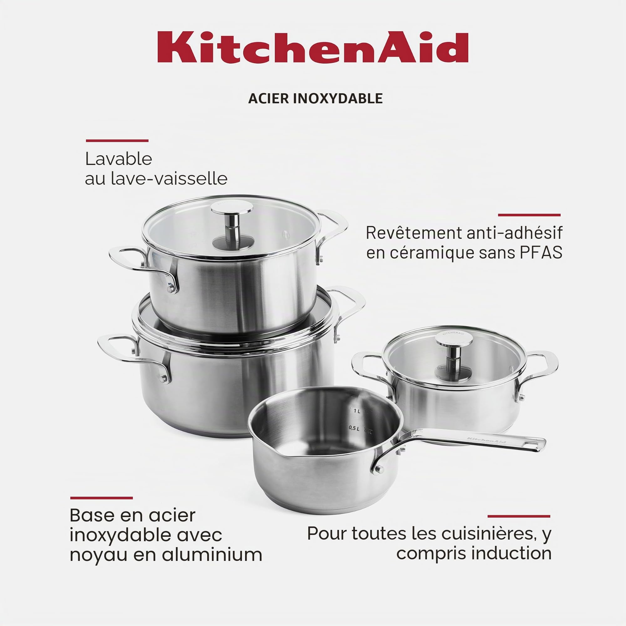 Kitchenaid Batterie de Cuisine en Acier Inoxydable I 7 Pièces, Antiadhésive 3 Couches, Compatible Induction et Four, Haute Performance, Argenté