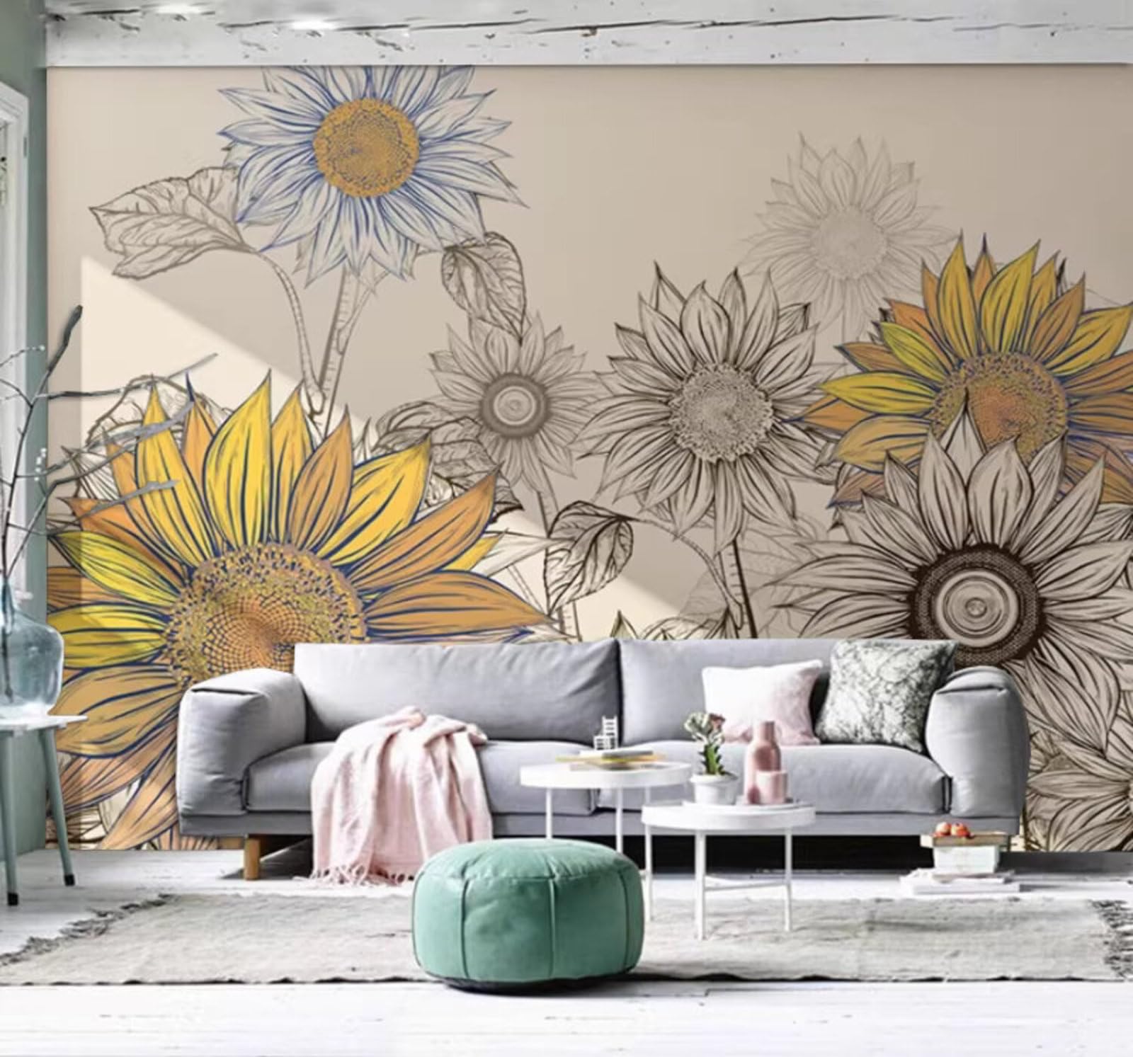 Three Dimensional Hand Drawn Creative Line Art Sunflowers 3D Wallpaper Easy Install Feature Office Living Room Sofa Bedroom TV Background Wall Decoration-250cm×170cm
