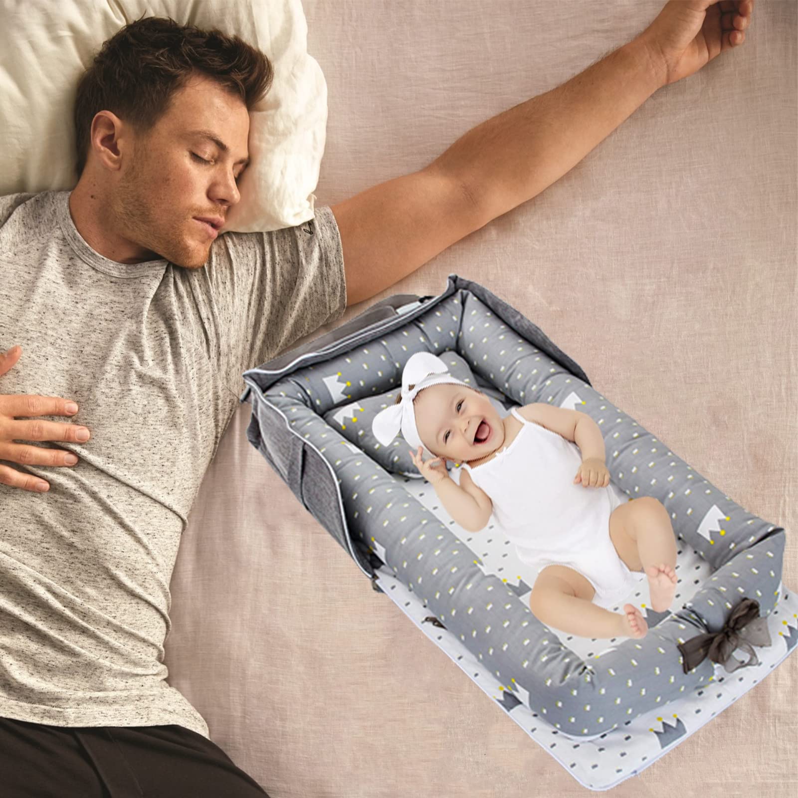 Loevin Baby Lounger for Newborn Portable Bag,Baby Nest Cosleeping for Baby in Bed with Pillow,Newborn Lounger Adjustable Size & Strong Zipper Lengthen Space to 24 Months,Crown Grey