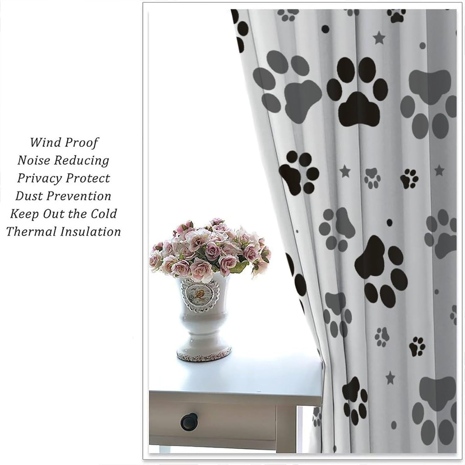 Paw Print Curtains, Gray Cartoon Star Cute Cute Pet Dog Animal Star Paw Blackout Window Treatments, Thermally Insulated Rod Pocket Drapes for Pet Room Bedroom Kennel Bathroom 42x63in