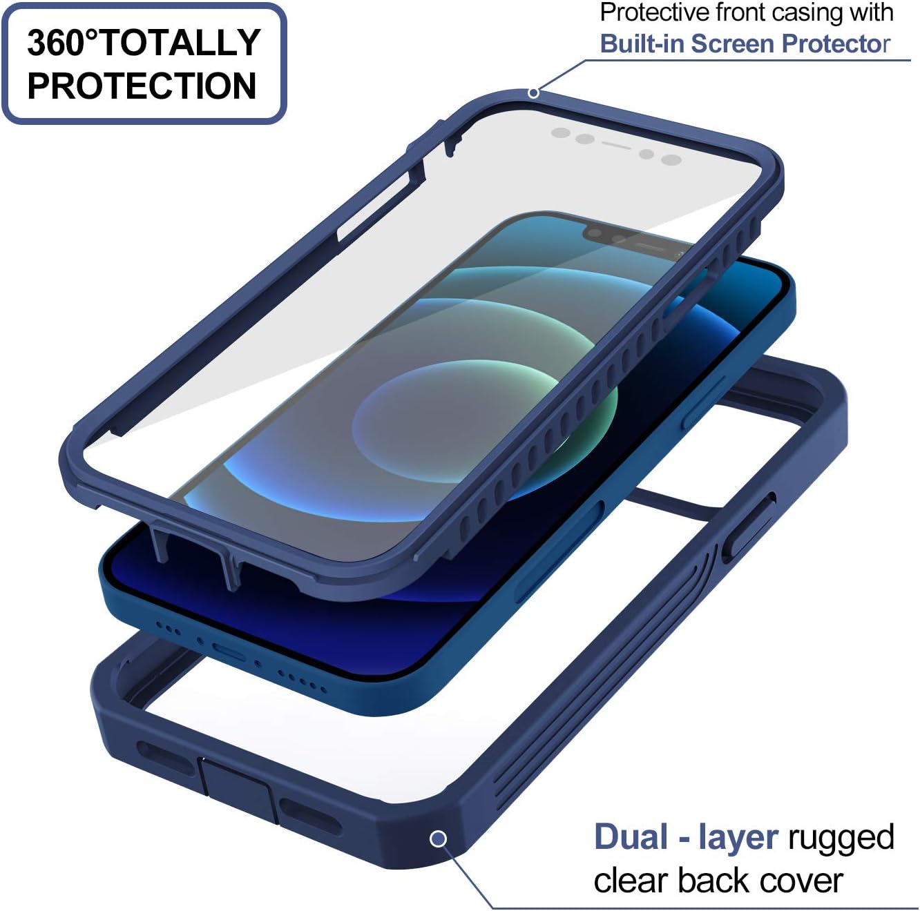 CellEver Compatible with iPhone 12 Case/iPhone 12 Pro Case, Heavy Duty Clear Full-Body Protective Transparent Cover with Soft Shock Absorbing TPU Bumper and Built-in Screen Protector - Navy Blue