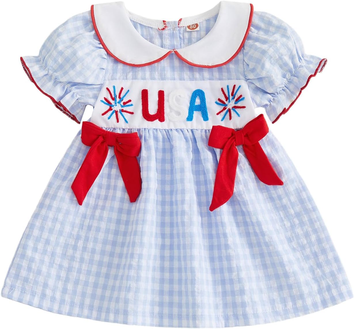 Toddler Baby Girl 4th of July Outfit Ameriacn Flag Smocked Dress Puff Sleeve Doll Collar Dresses Cute Summer Clothes