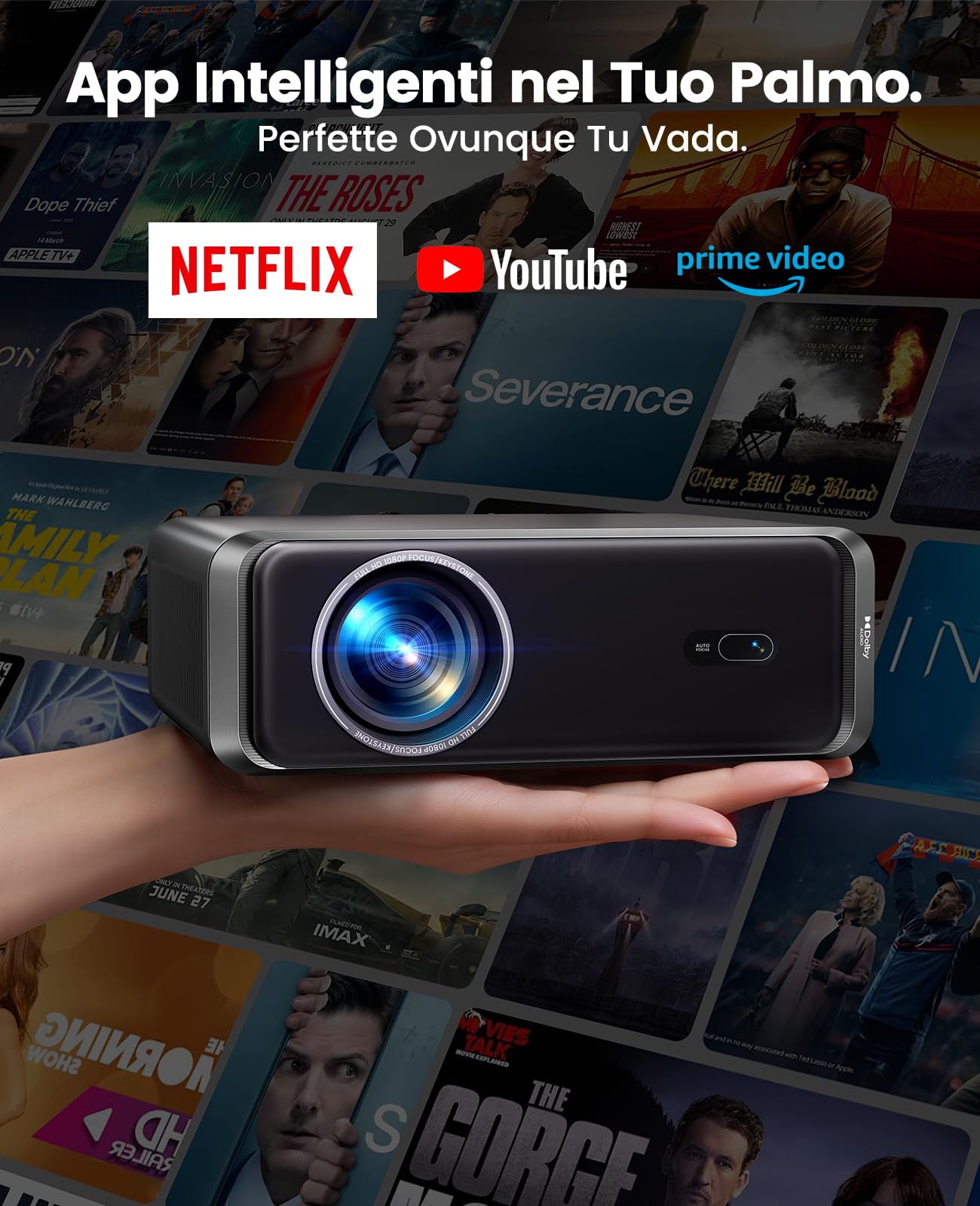 Proiettore 4K [Compatibile con Netflix & Dolby]1000ANSI Auto Focus/Keystone Proiettore 4K smart tv, WiFi6 Bluetooth Bidirezionale Videoproiettore 1080p nativo con HDMI ARC/CEC Home Cinema/Esterno Nero