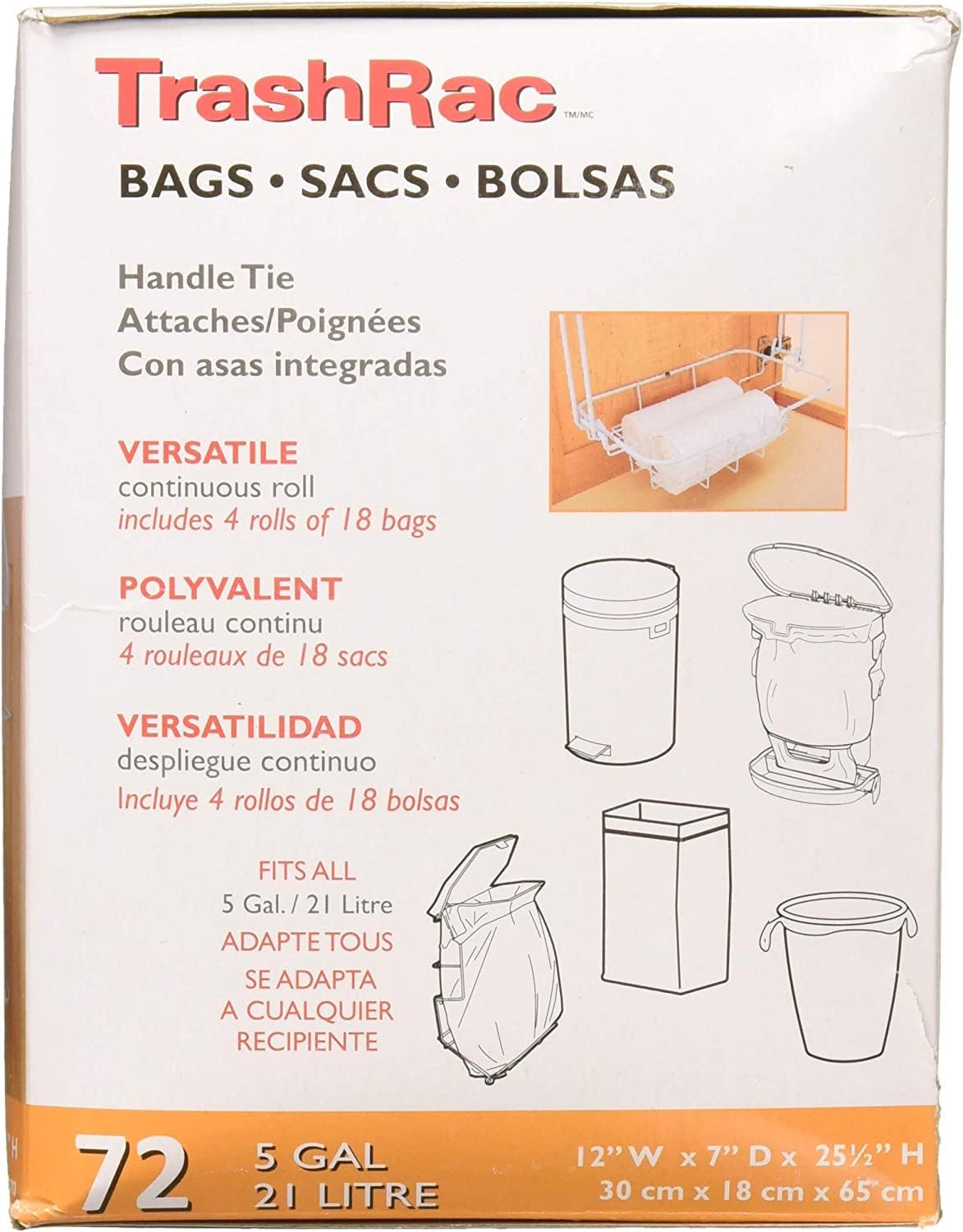 Trashrac 5 Gal. Trash Bags Handle Tie - 72 Count (Pack of 3)