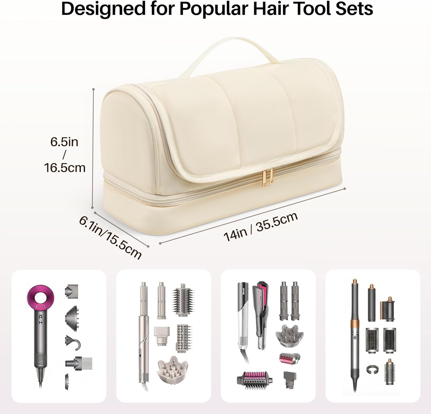 Hanging Hair Tool Organizer for Dyson Airwrap and Shark FlexStyle, Water-Resistant Travel Case with Removable Divider, Storage Bag for Attachments, Cream