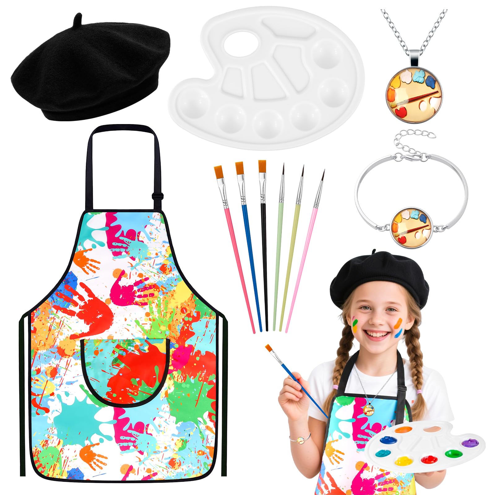 11Pcs Kids Artist Costume Accessories Set with Waterproof Painting Apron, Beret Hat, Palette Necklace, Brushes, Children Painter Dress Up Outfit for Career Day, World Book Day, Halloween