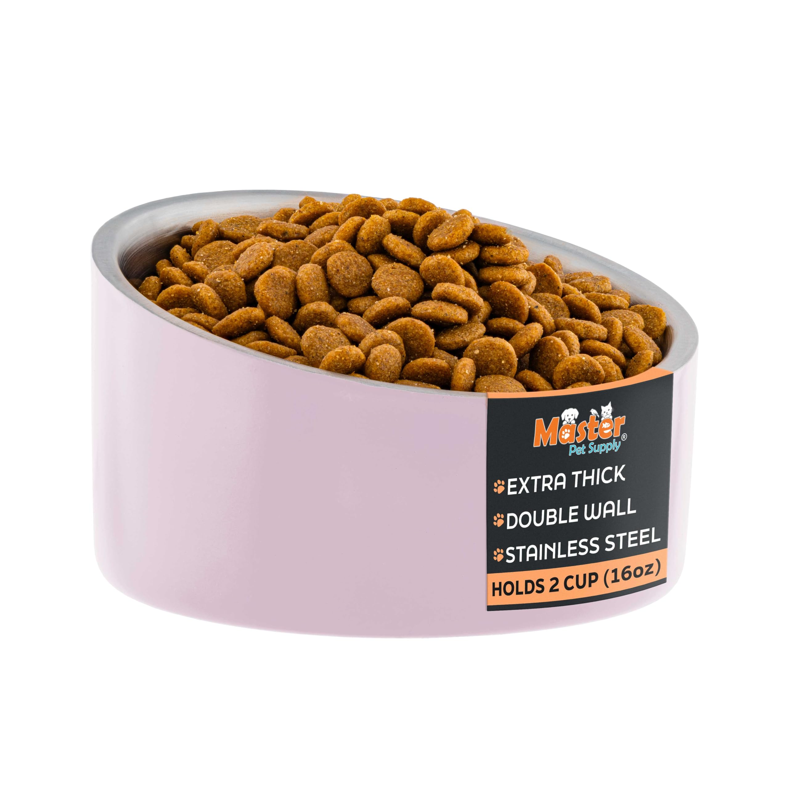 Master Pet Supply Stainless Steel Slanted Dog Cat Food Bowl - 16 oz Heavy Duty - Rose Quartz, Double Wall Insulated, Non-Slip Elevated Bowl for French Bulldogs Pugs Cats, Anti Rust Dishwasher Safe