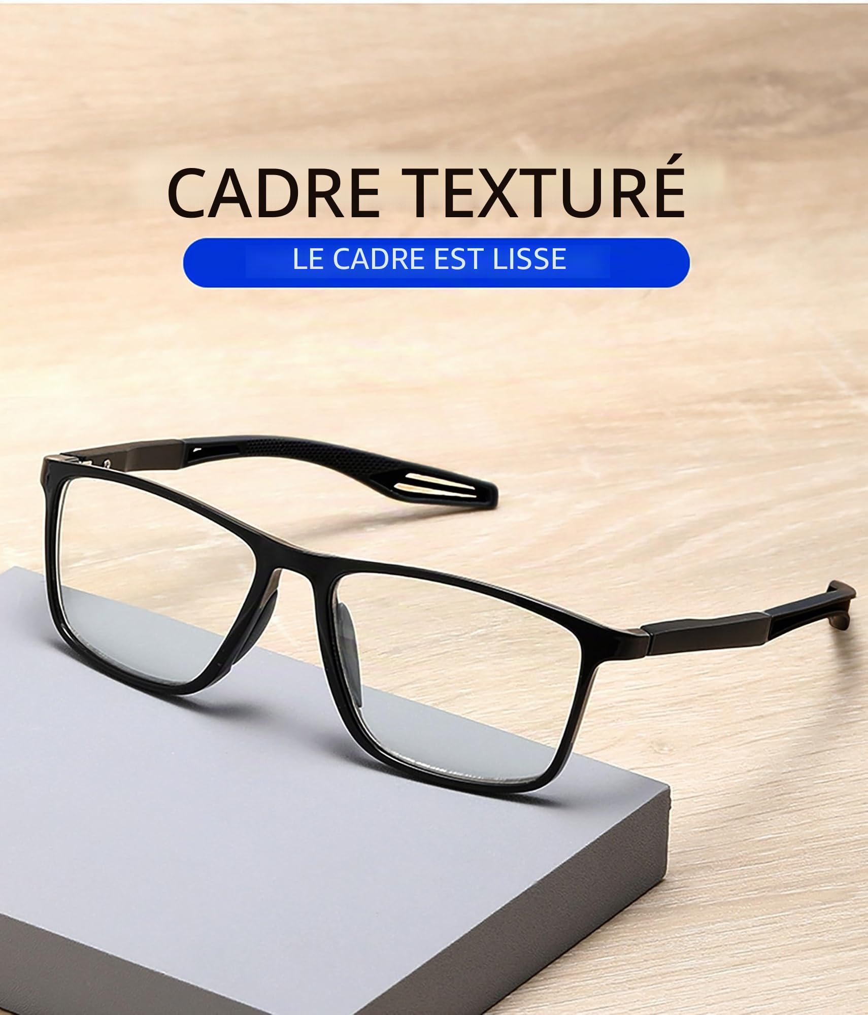 Lunettes M4 (-) si la vision de loin est réduite. Verres CR39 antireflets photochromiques (obscurcissement moyen nécessite une exposition directe au soleil en plein air). Anti-lumière bleue